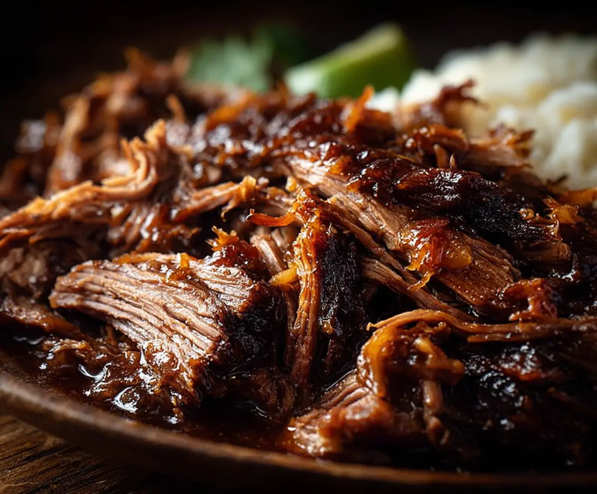 Savory caramelized pulled beef brisket served on a plate, perfect for a hearty meal