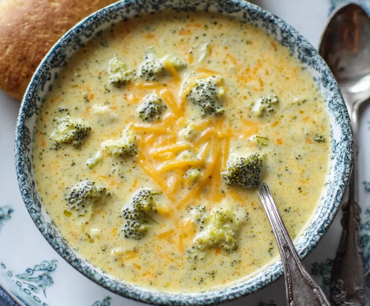 Creamy cheesy broccoli soup in a bowl with fresh broccoli florets and melted cheese on top.
