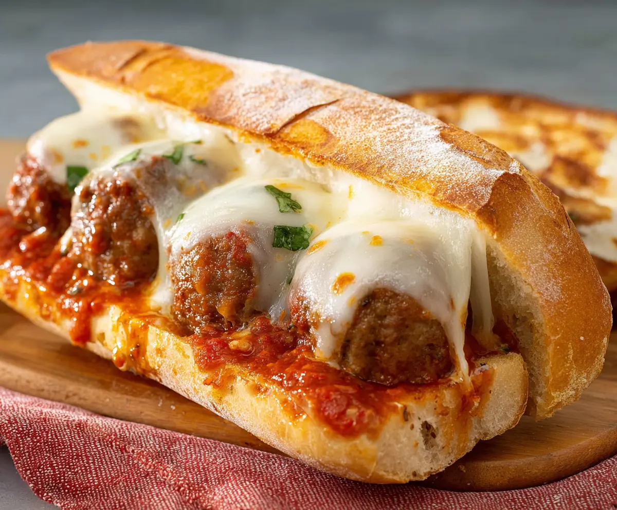 Delicious Cheesy Meatball Subs with melted cheese and savory meatballs in a crusty bun.