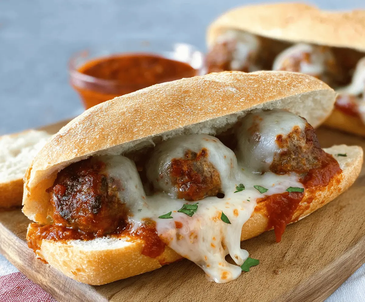 Delicious cheesy meatball subs with melted cheese and savory meatballs in a toasted bun.