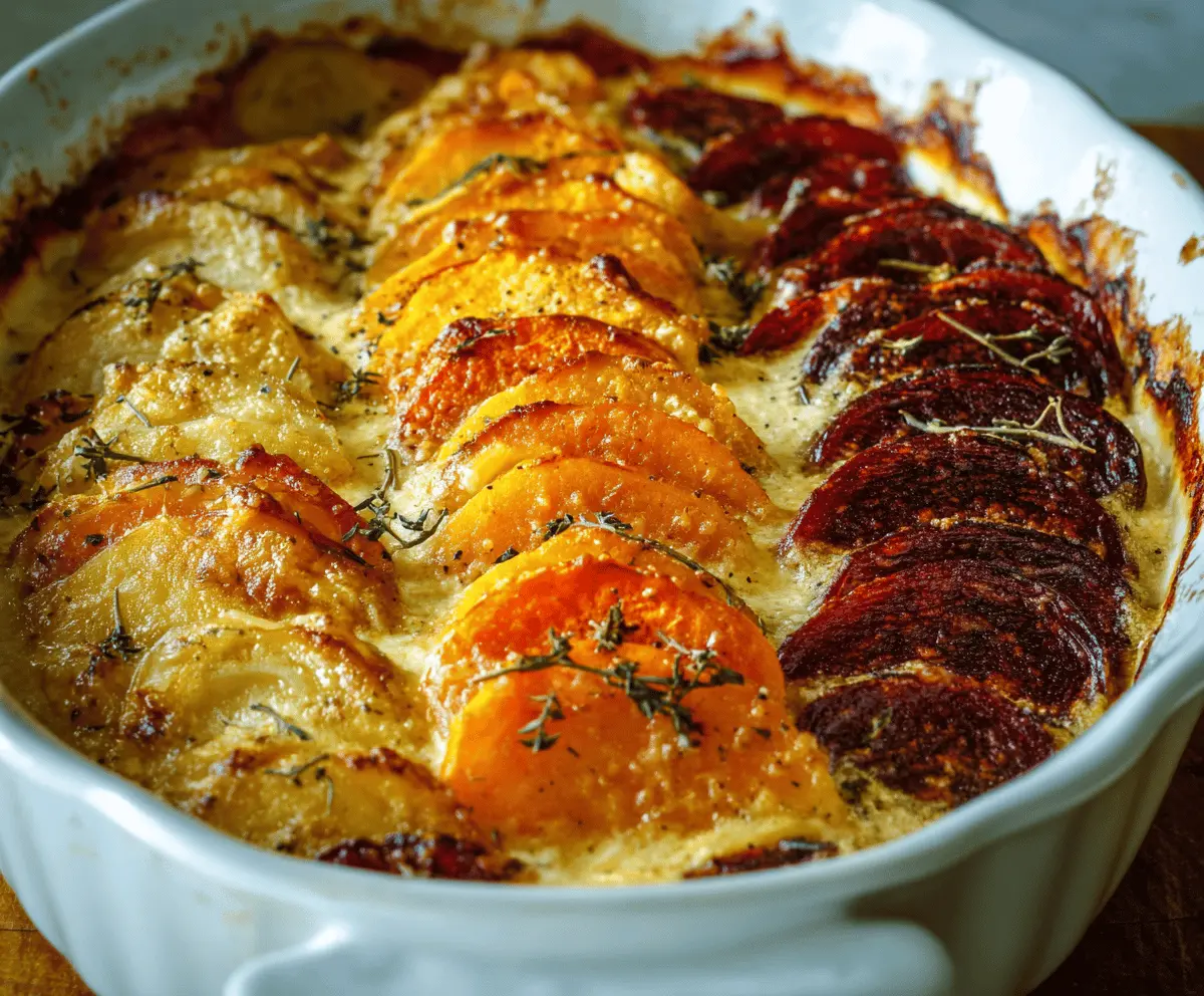 Delicious cheesy root vegetable gratin with golden browned top, perfect for a comforting meal.
