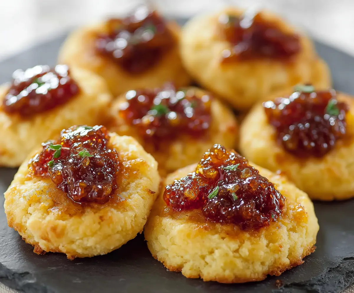 Delicious cheesy thumbprint appetizers topped with spicy hot pepper jelly, perfect for entertaining.