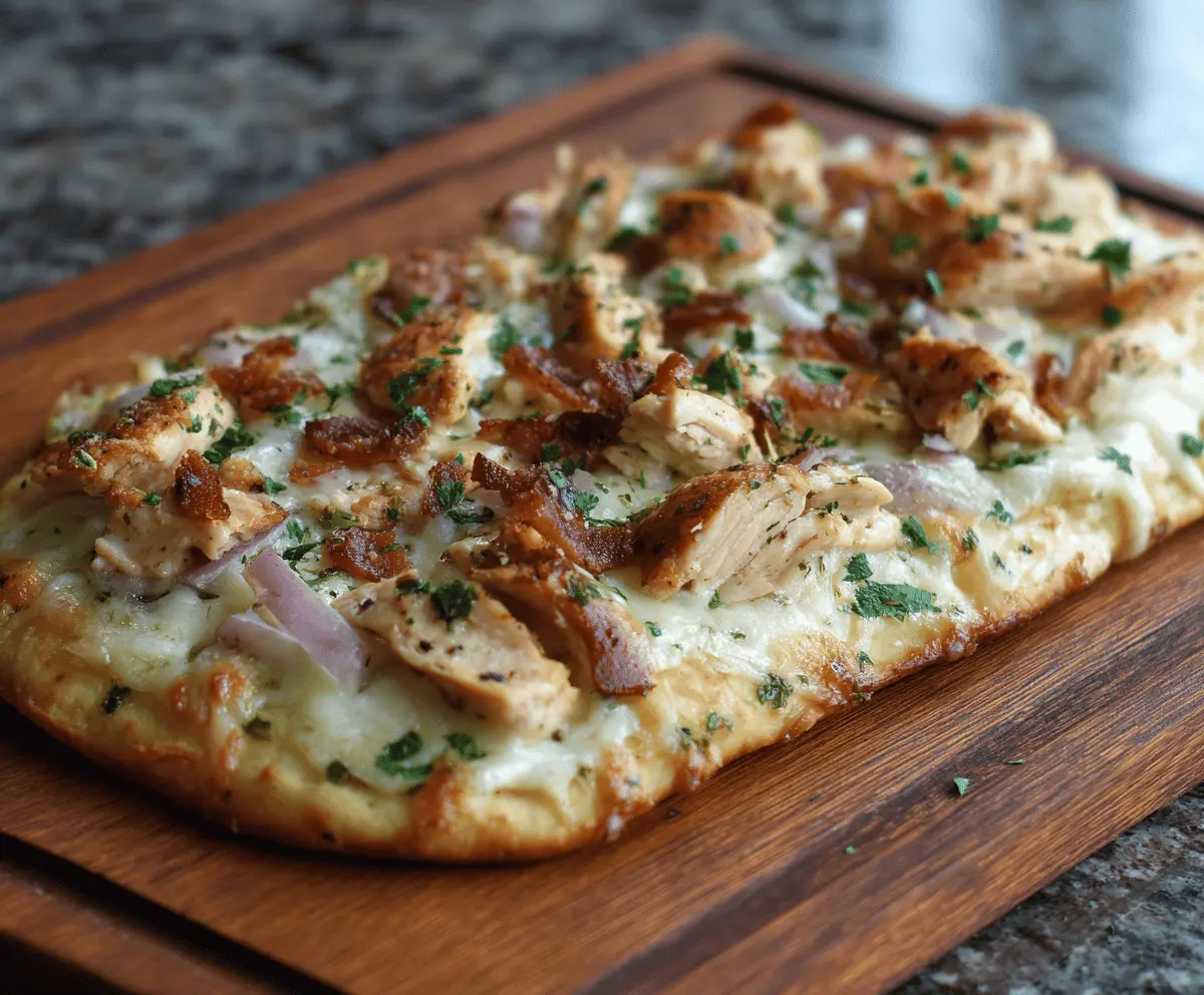 Delicious Chicken Alfredo Flatbread topped with creamy sauce and melted cheese.