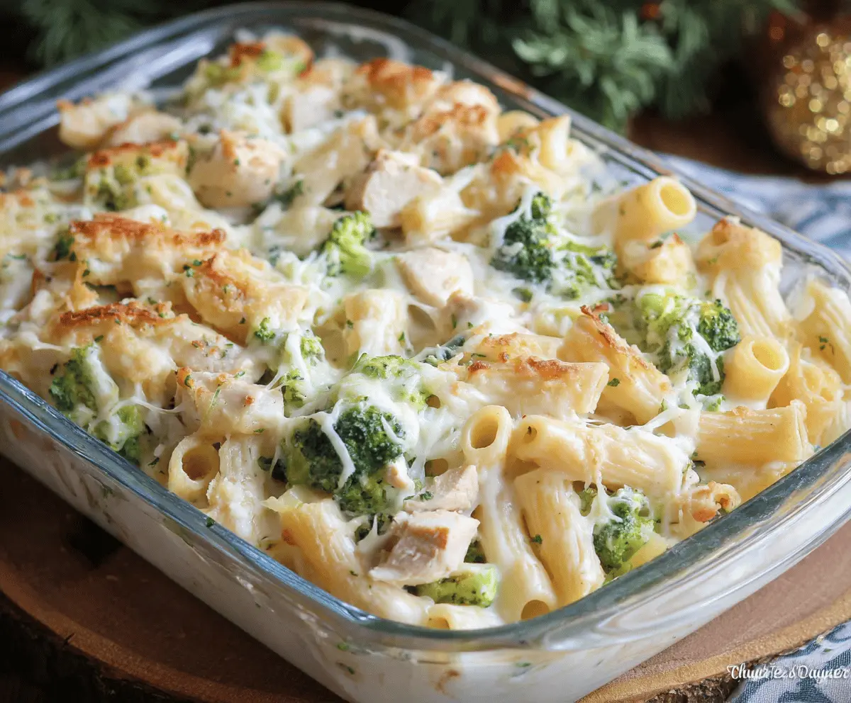 Delicious Chicken and Broccoli Alfredo Bake in a baking dish, topped with melted cheese and fresh herbs.