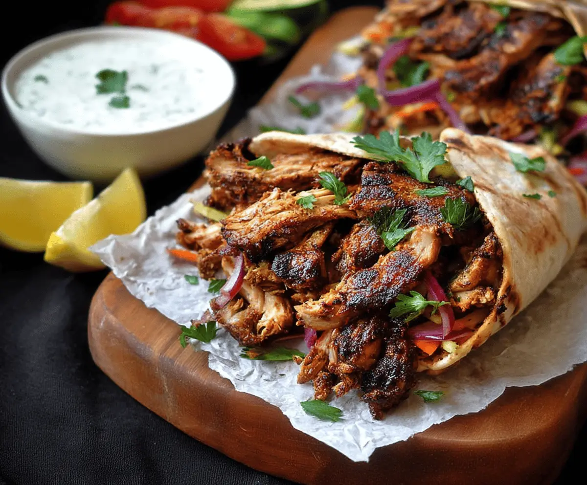 Delicious Chicken Shawarma with creamy garlic sauce on a platter, garnished with fresh herbs.