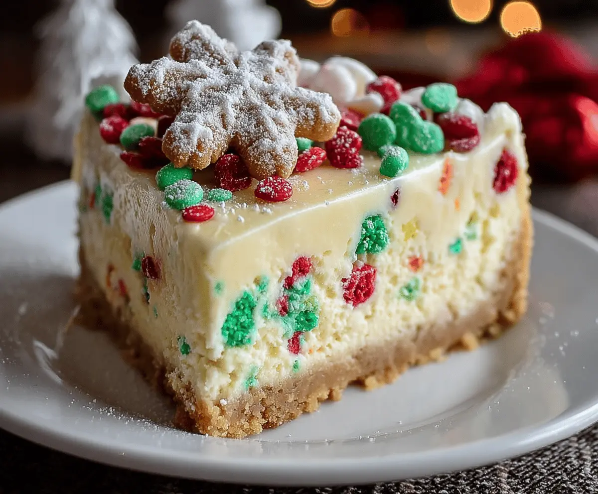 Delicious Christmas Sugar Cookie Cheesecake with festive decorations and creamy texture