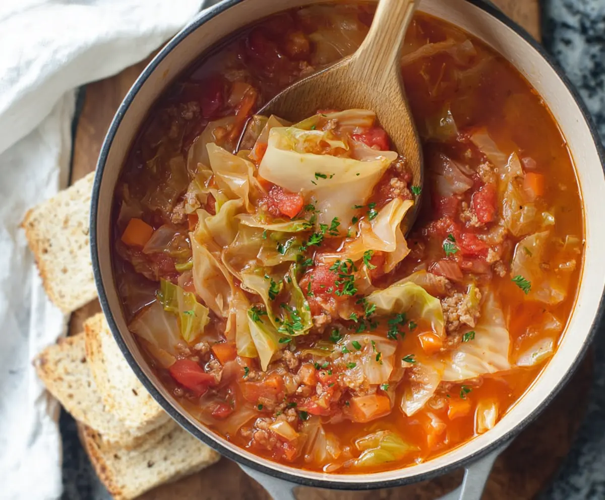 Hearty traditional cabbage soup with fresh vegetables in a rustic bowl