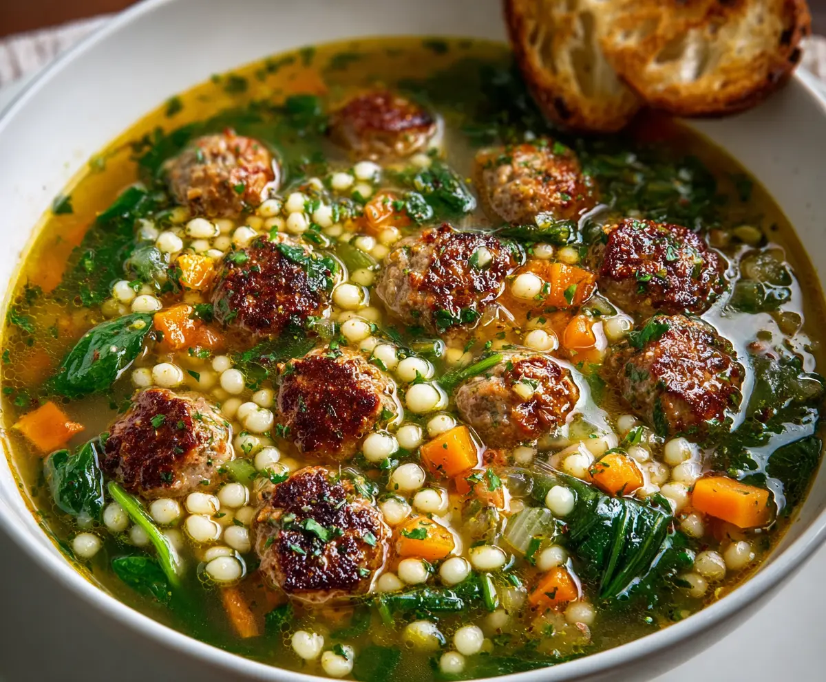 Bowl of Classic Italian Wedding Soup with meatballs, spinach, and pasta in a savory broth