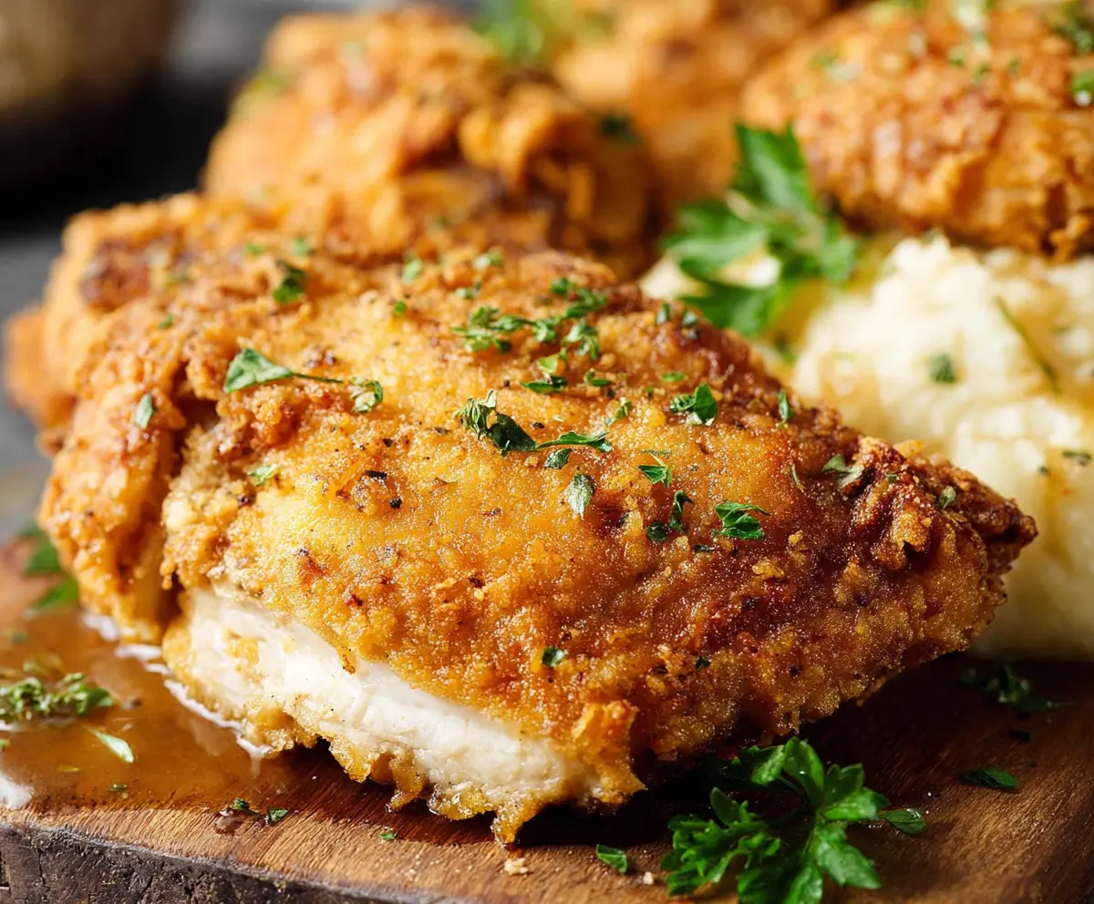 Crispy and golden country fried chicken served on a rustic plate, perfect for a comforting meal.