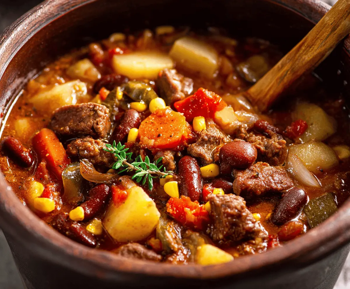 Hearty cowboy stew with chunks of beef, vegetables, and spices served in a rustic bowl, perfect for a comforting meal.