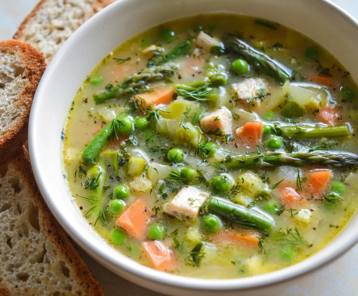 Cream of Spring Vegetable Soup in a bowl with fresh spring vegetables