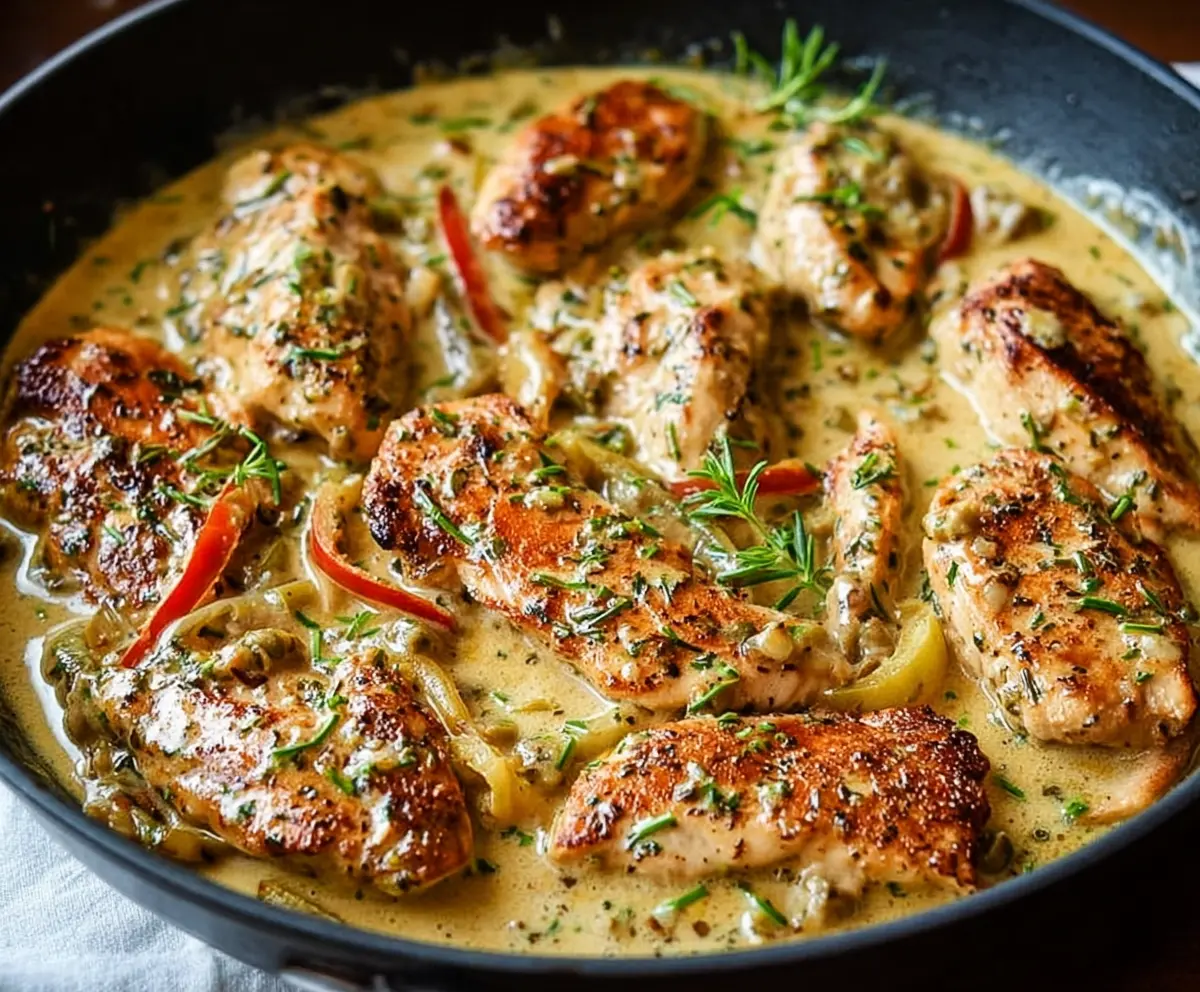 Delicious Creamy Pepperoncini Chicken Skillet served in a rustic pan with fresh herbs