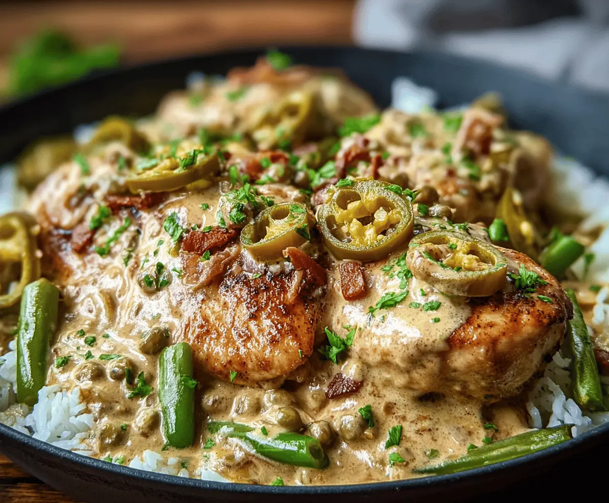 Creamy Pepperoncini Chicken Skillet served in a skillet with a creamy sauce and pepperoncini peppers for a flavorful meal.