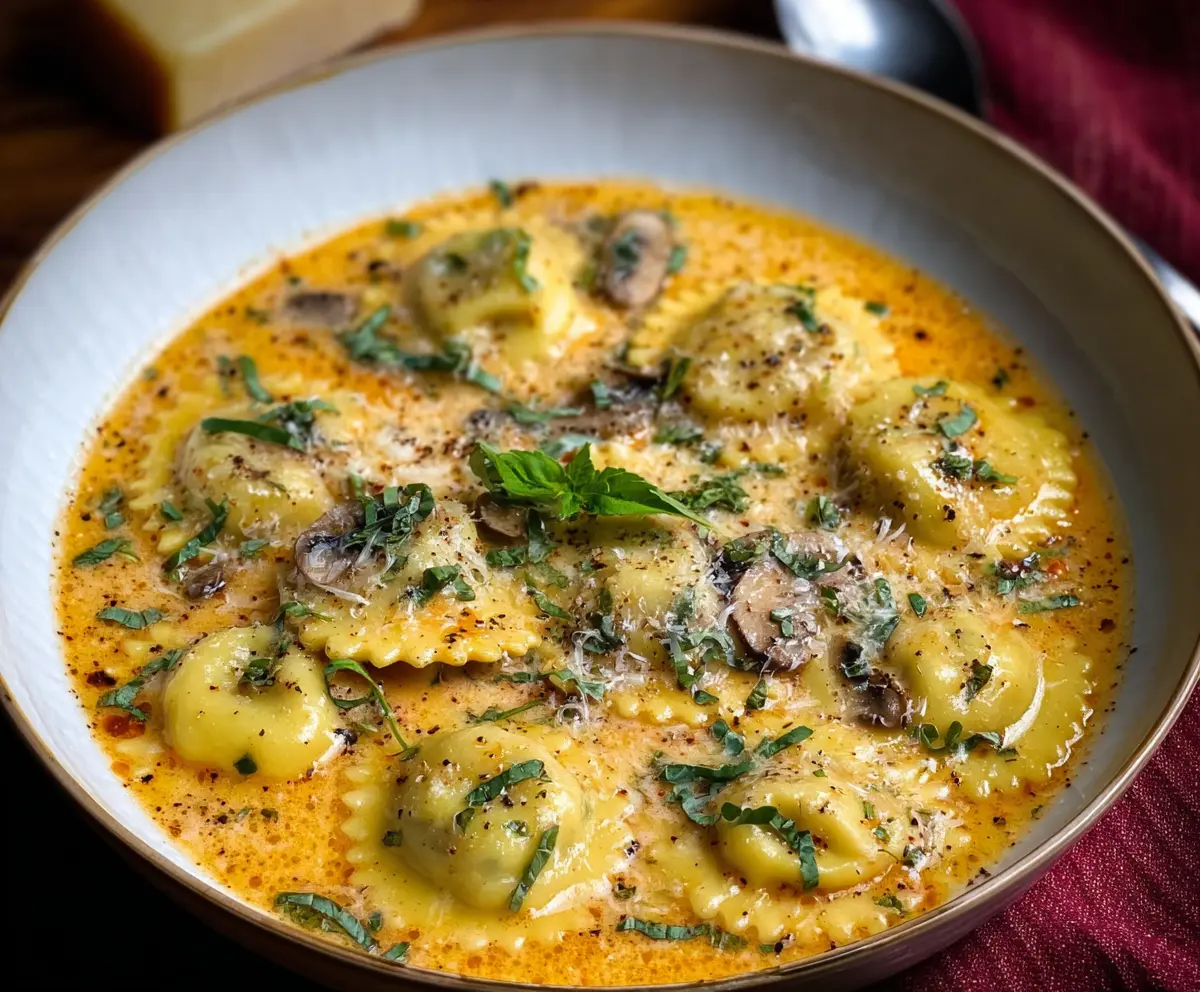 Creamy ravioli soup garnished with fresh herbs in a bowl for a comforting Italian-inspired meal.
