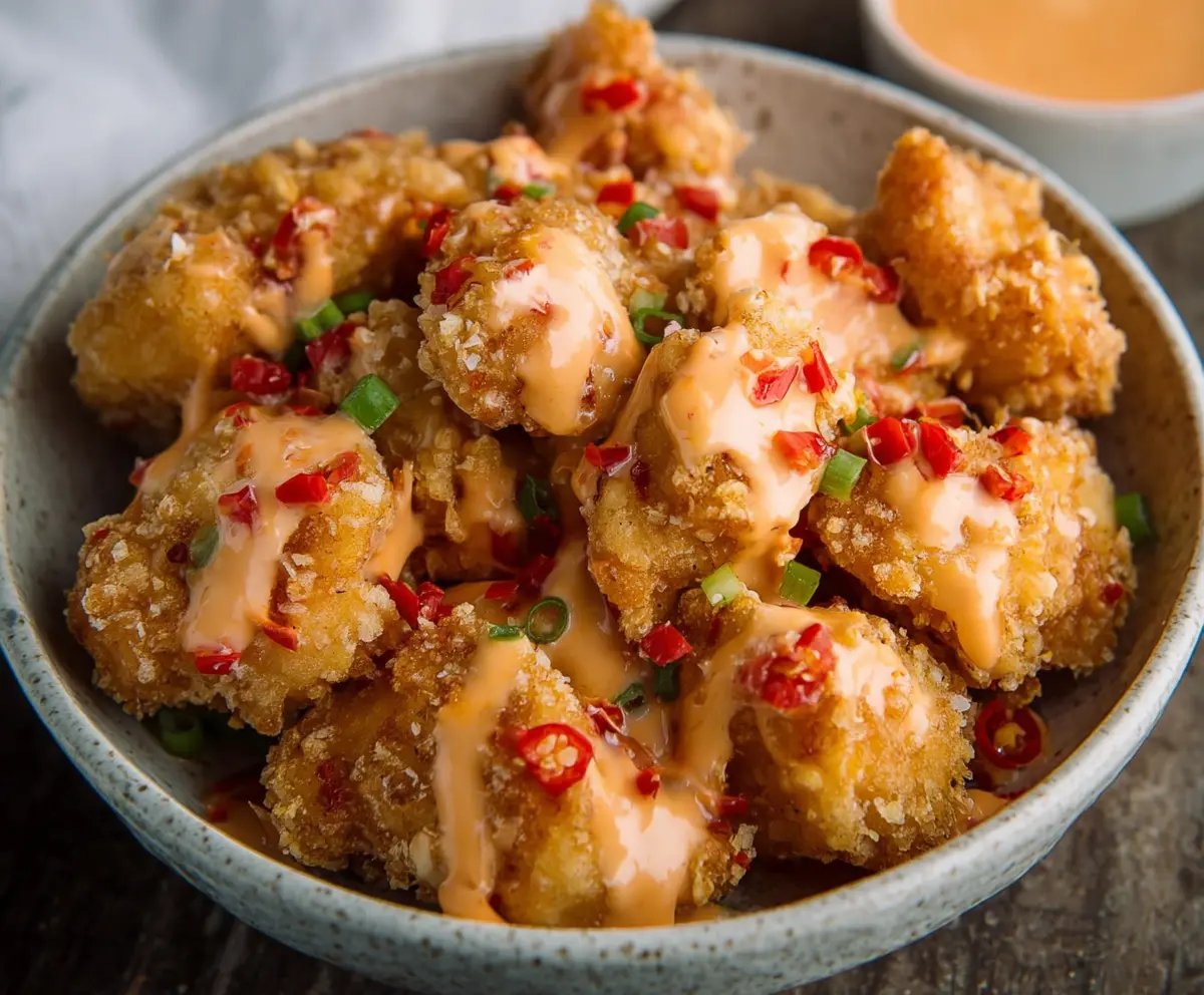 Golden crispy Bang Bang Chicken served with a tangy sauce, perfect for a flavorful appetizer or main course.