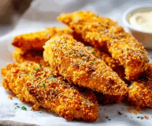 Crispy homemade baked chicken tenders on a plate, golden and crunchy, perfect for a tasty snack or meal.