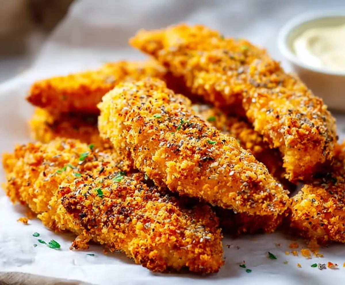 Crispy homemade baked chicken tenders on a plate, golden and crunchy, perfect for a tasty snack or meal.