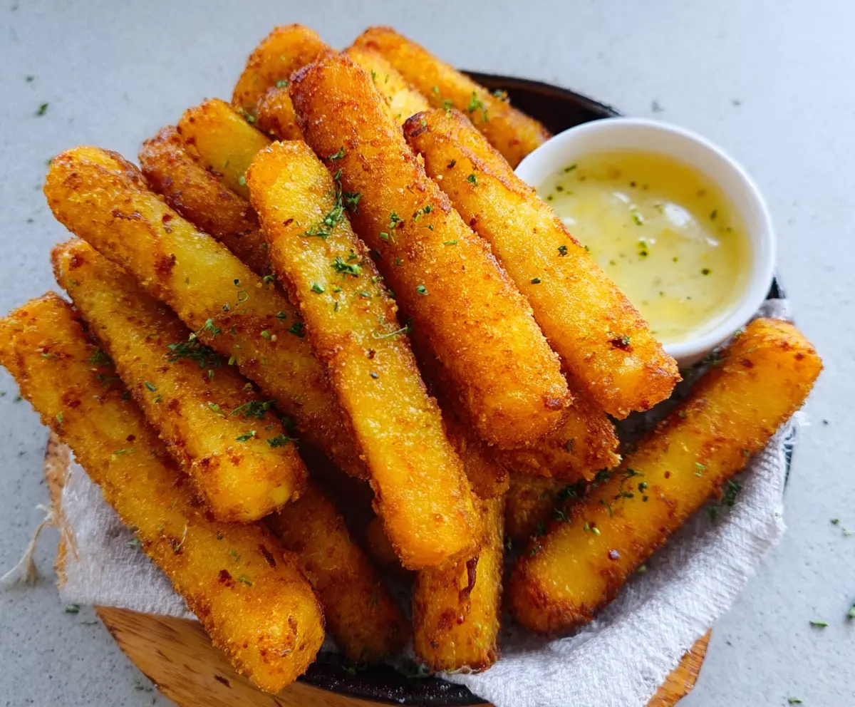 Crispy Hungarian Potato Cheese Sticks on a plate, crispy golden exterior with melted cheese inside, served as a delicious snack.