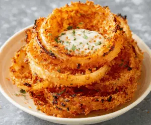Crispy Parmesan Onion Ring Chips on a plate highlighting their golden-brown texture and cheesy Parmesan coating.