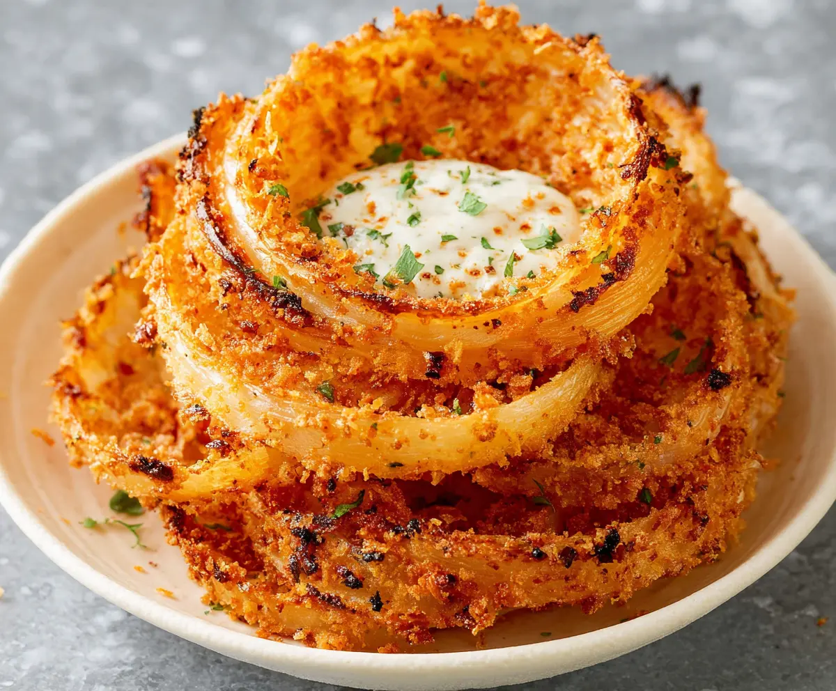 Crispy Parmesan Onion Ring Chips on a plate highlighting their golden-brown texture and cheesy Parmesan coating.
