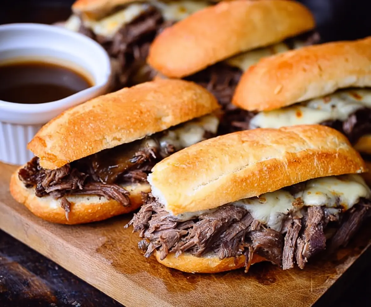 Delicious Crock Pot French Dip Sandwiches with melted cheese and tender beef in a slow cooker