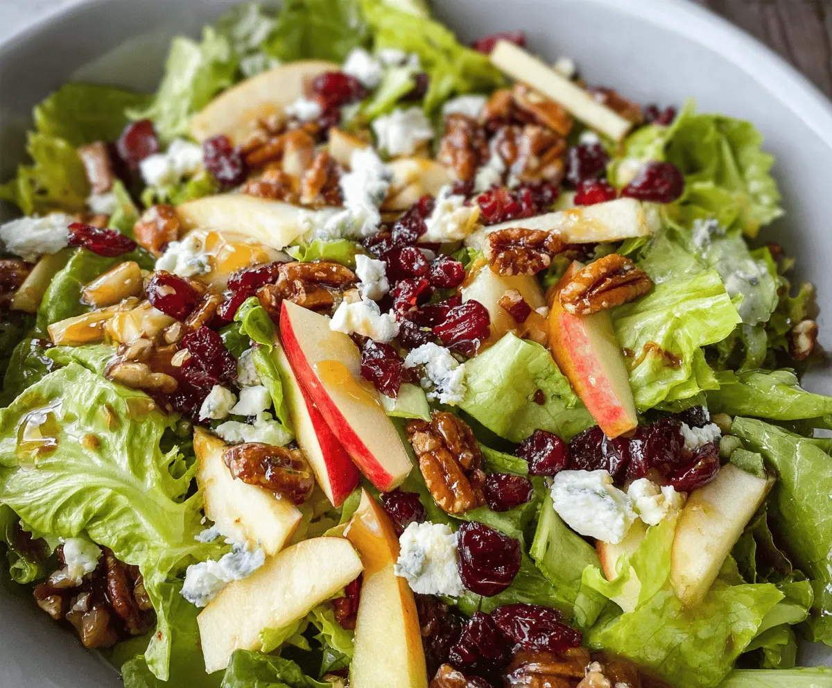 Fresh crunchy fall apple salad with walnuts and spinach drizzled with maple vinaigrette.