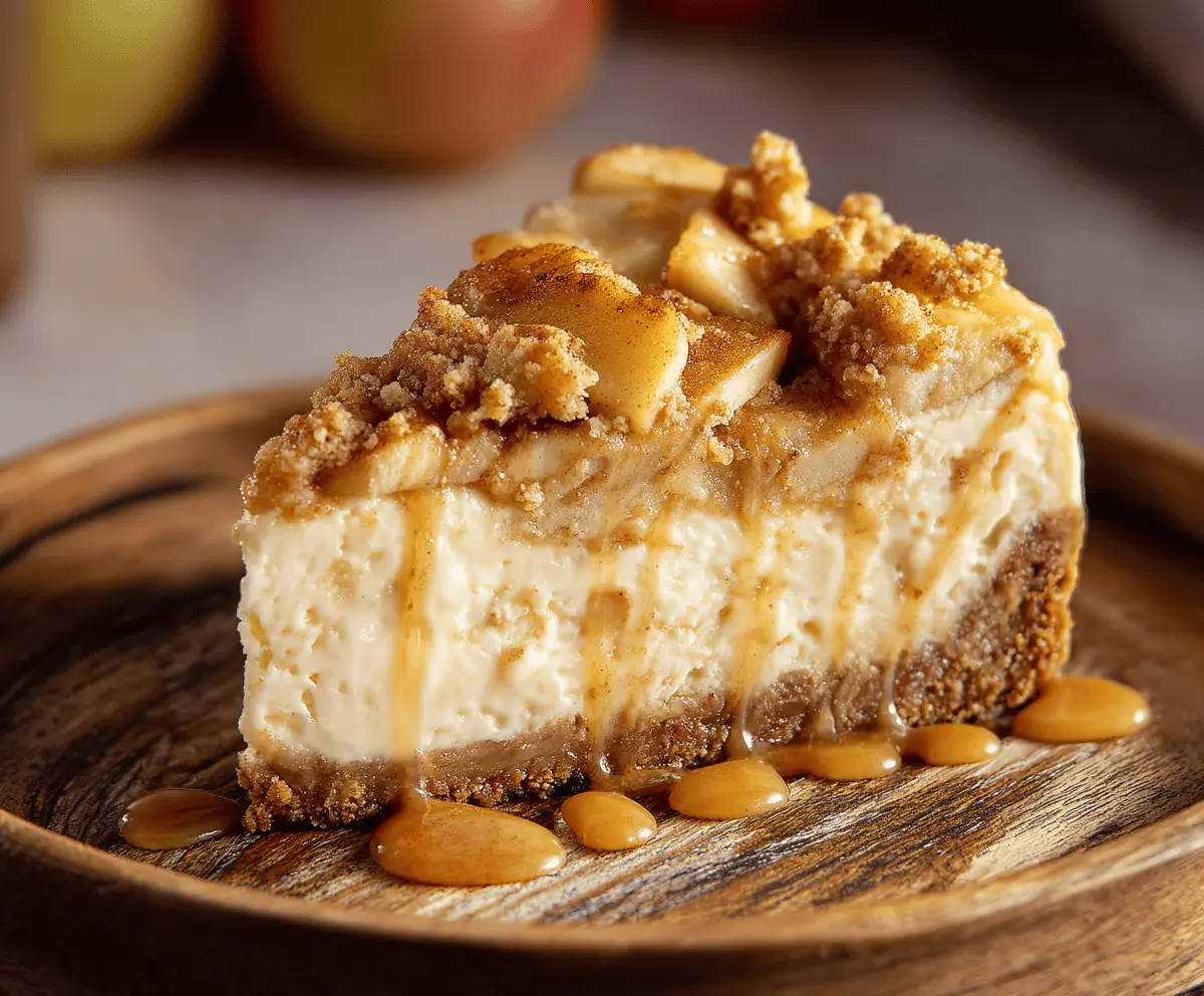 A delicious apple crumble cheesecake topped with caramelized apples and a crispy crumble crust.