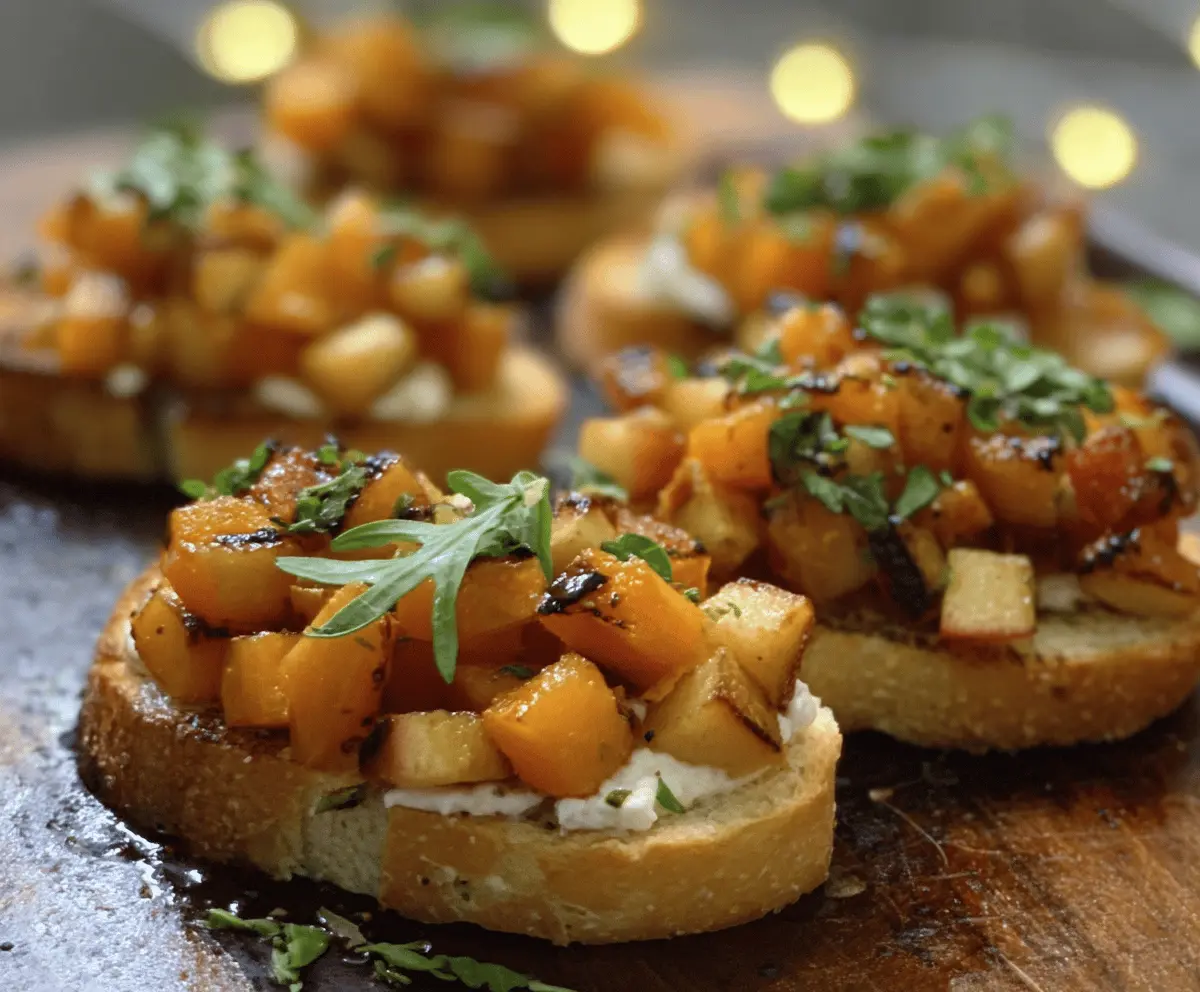 Autumn-inspired bruschetta with roasted butternut squash and fresh apples on toasted bread.