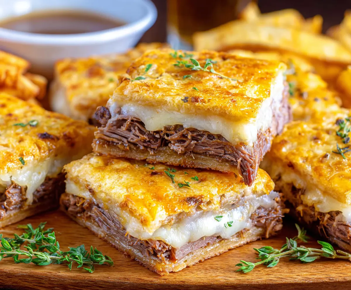 Savory French Dip Squares with melted cheese and roast beef on a white plate, perfect for appetizer or snack.