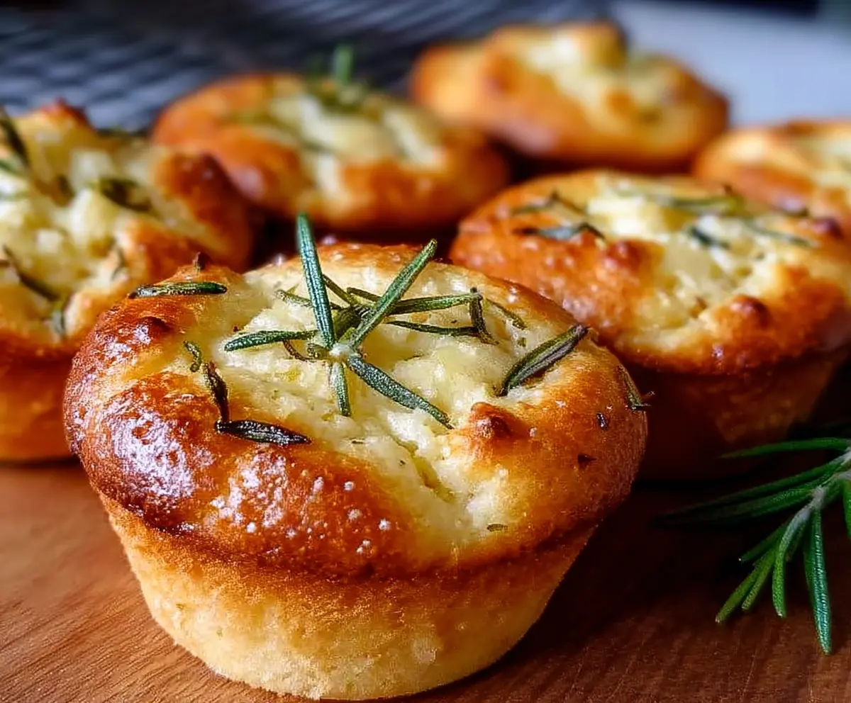 Delicious homemade Garlic Rosemary Focaccia Muffins with golden crust and fresh herbs.