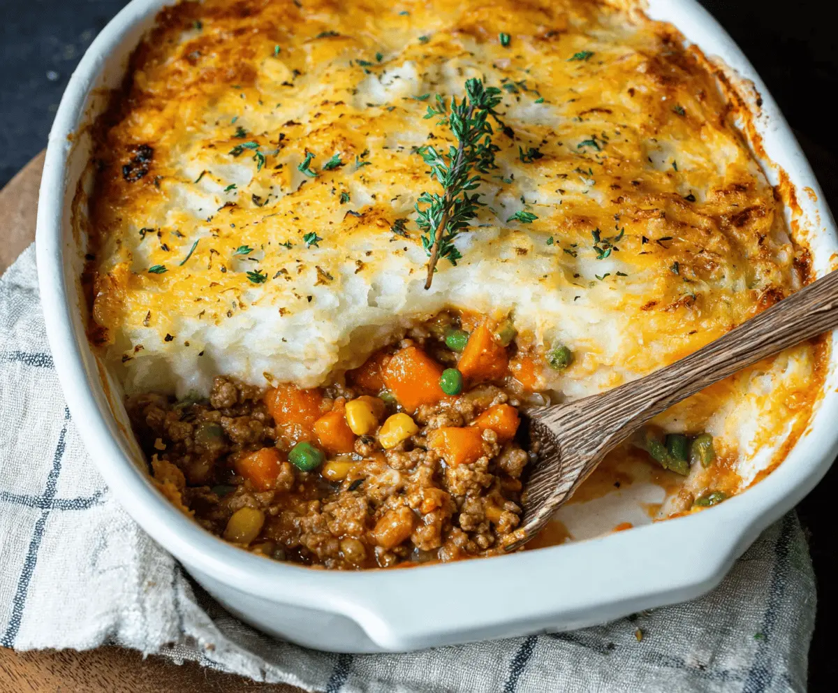 Delicious Easy Ground Turkey Shepherd's Pie in a baking dish with mashed potatoes and nutritious filling