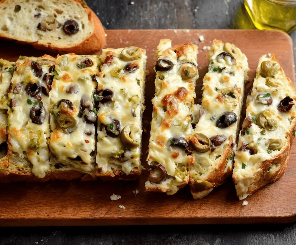 Delicious Easy Olive Cheese Bread Appetizer served fresh on a wooden platter with garnishes