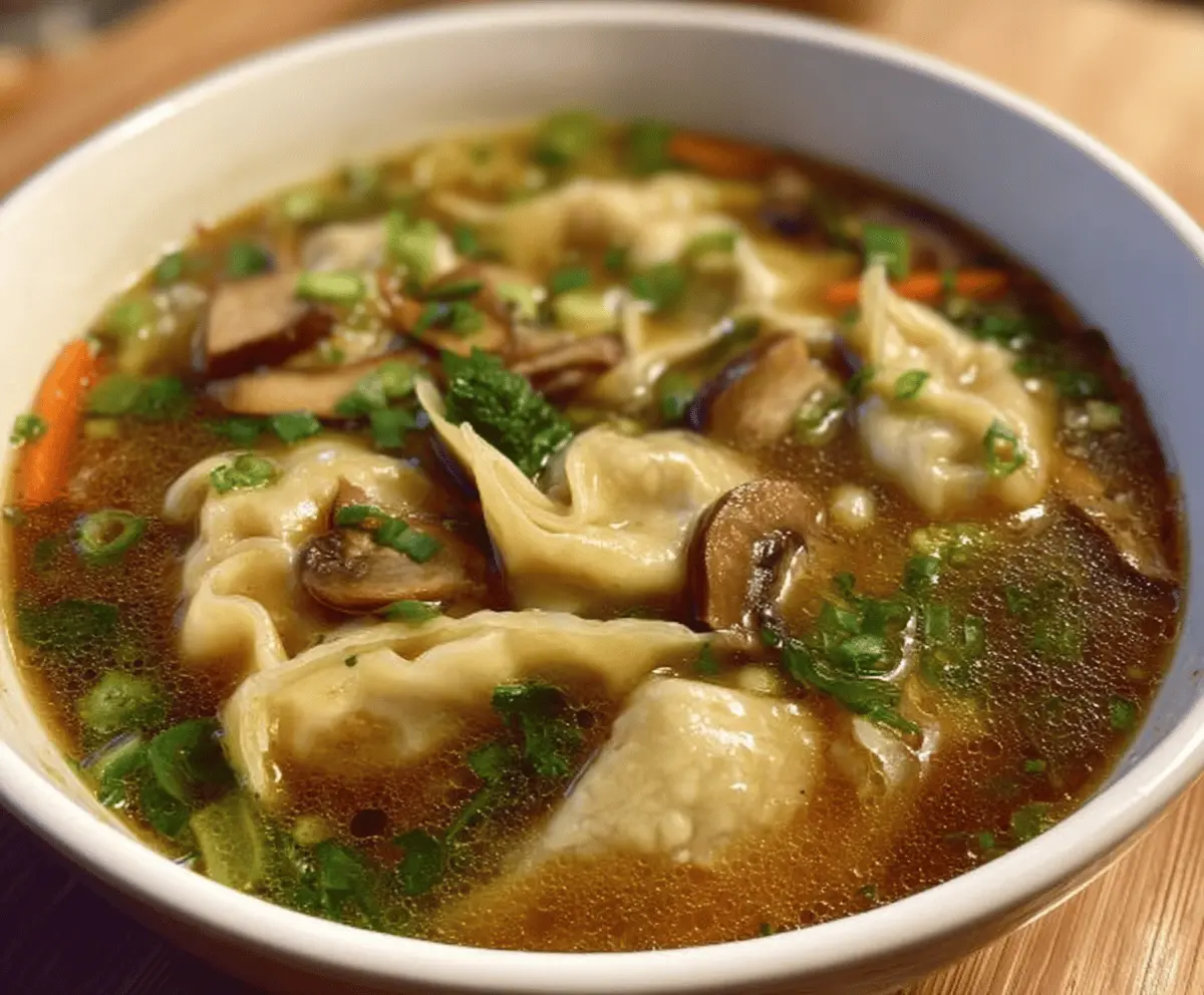 Bowl of easy potsticker soup with steamed dumplings, vegetables, and broth, perfect for comfort food lovers.