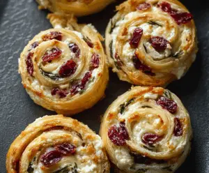 Delicious flaky cranberry cream cheese pinwheels, perfect for snacks or parties.