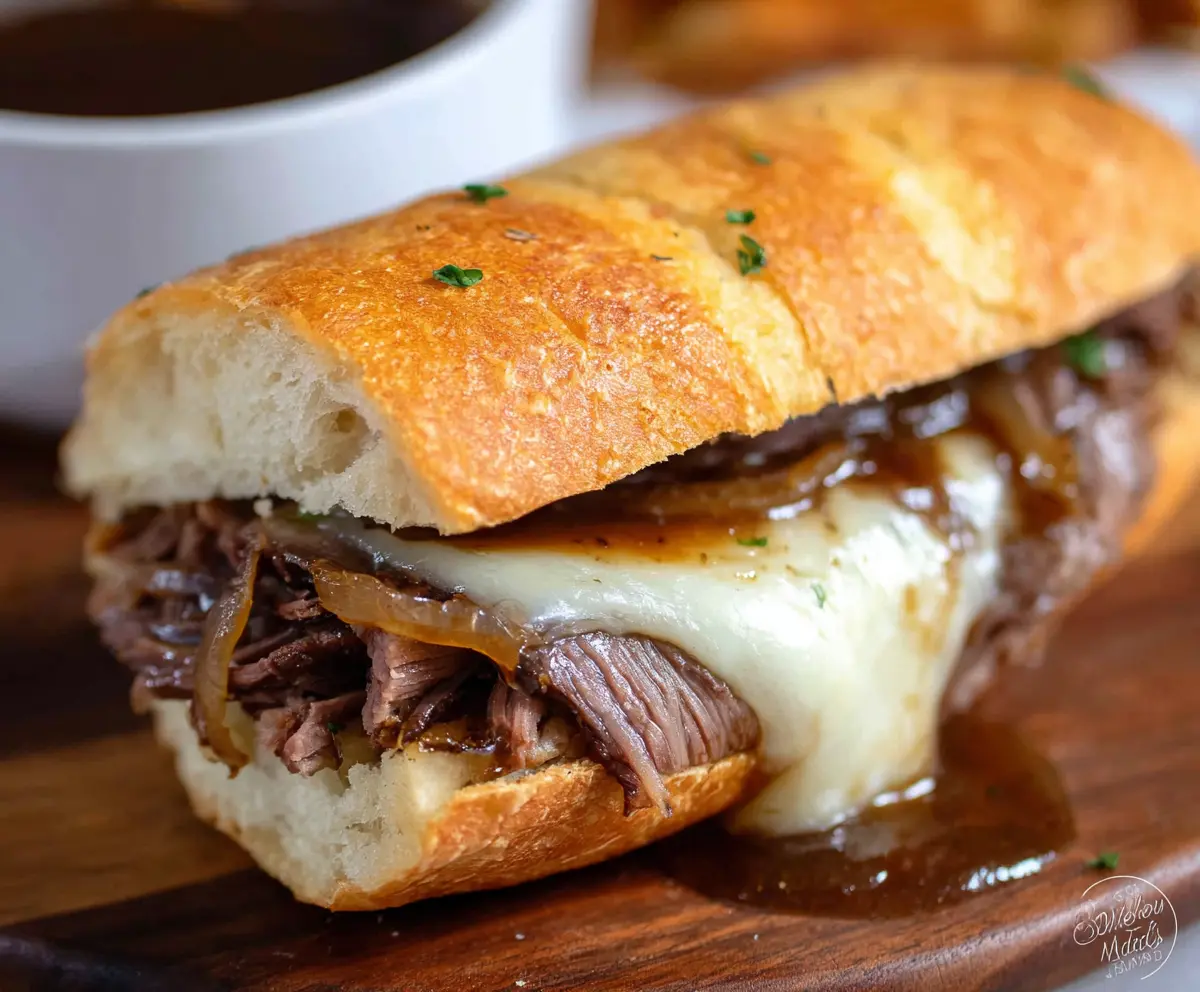Delicious French Dip Sandwich Melt with tender roast beef and melted cheese on a crusty roll