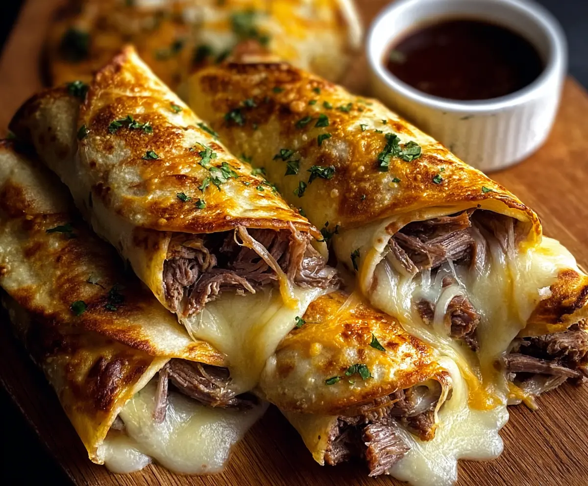 Delicious French Dip Tortilla Roll Ups filled with tender roast beef and melted cheese, perfect for a quick appetizer or snack.
