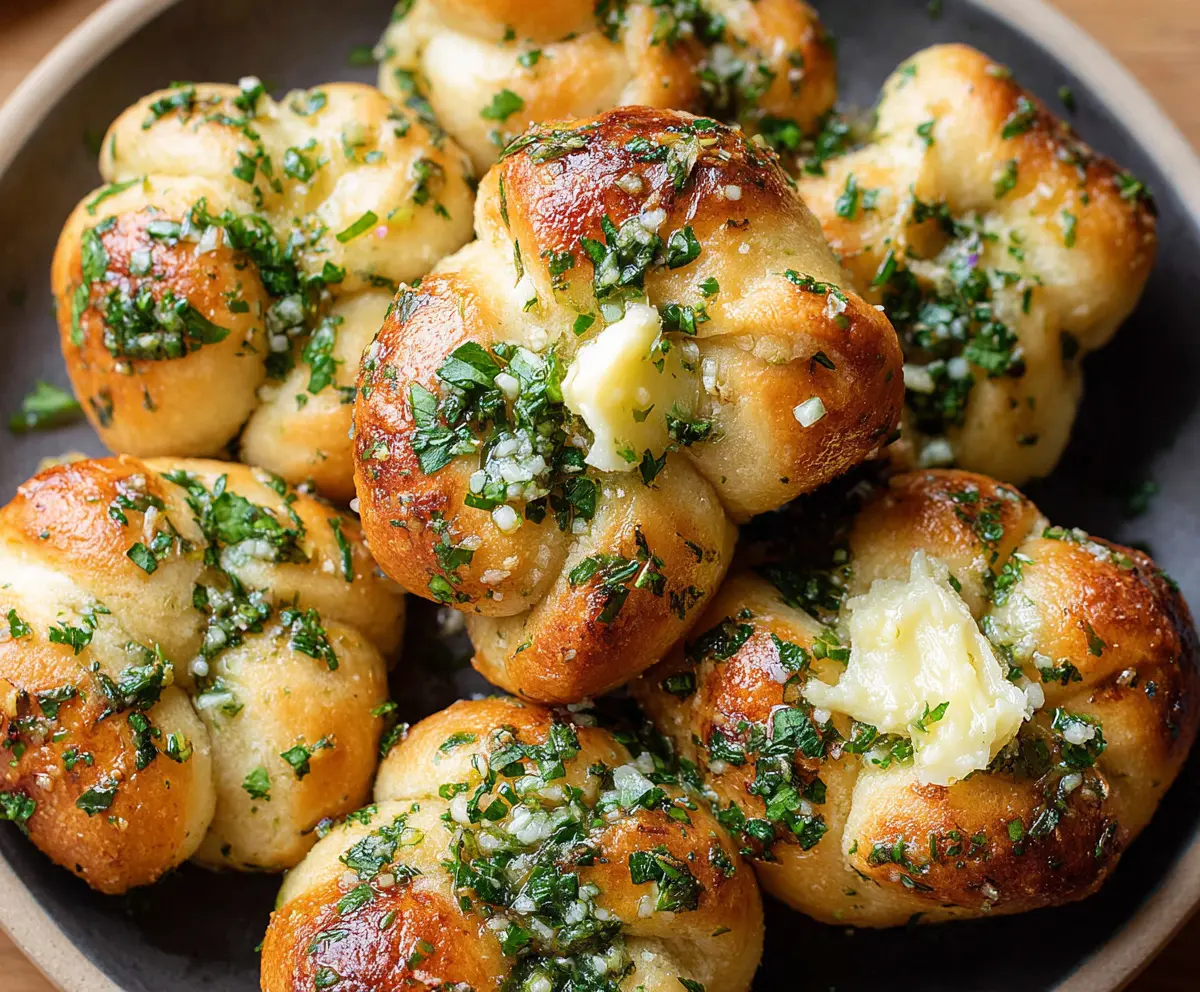 Golden garlic knots with herbs on a rustic wooden table, freshly baked and garnished with parsley.