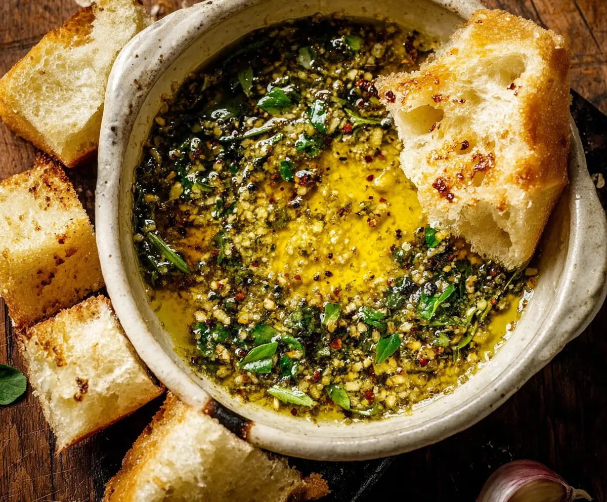 Delicious garlic olive oil dip in a white bowl, perfect for dipping bread or vegetables.