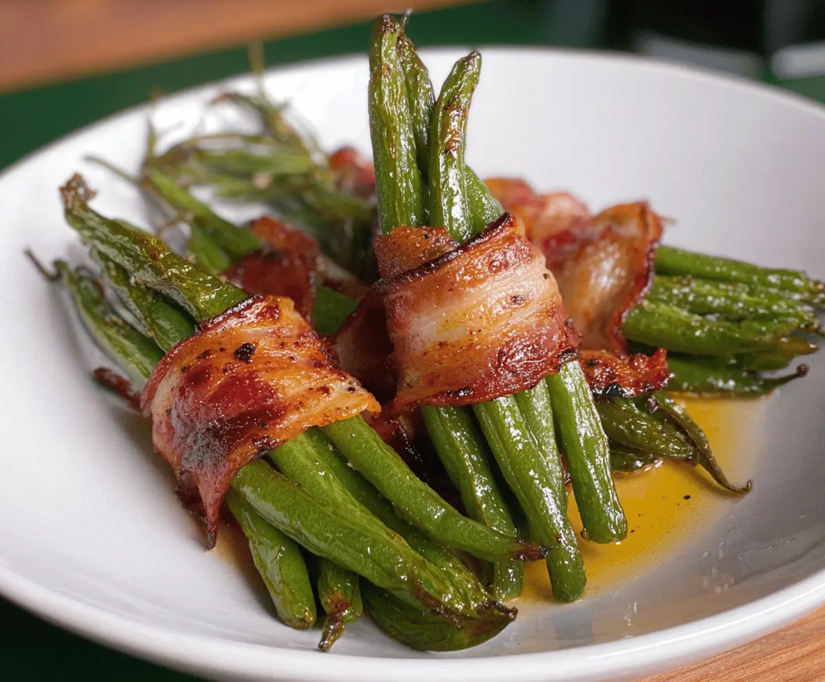 Delicious Green Bean Bundles wrapped with bacon and garnished with herbs on a serving platter.