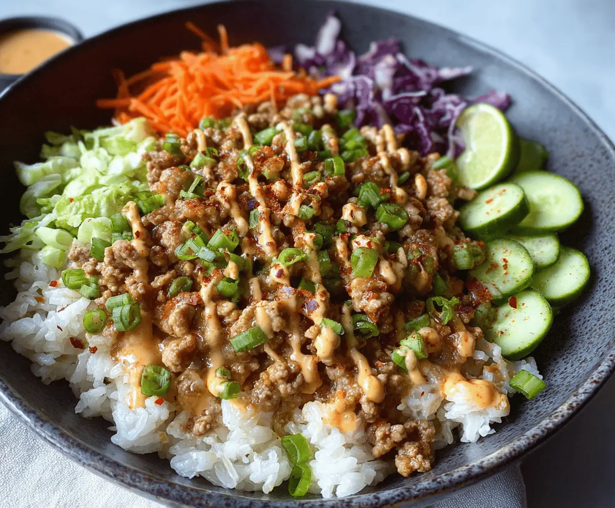 Delicious ground turkey rice bowls topped with flavorful Bang Bang sauce, perfect for a healthy meal.