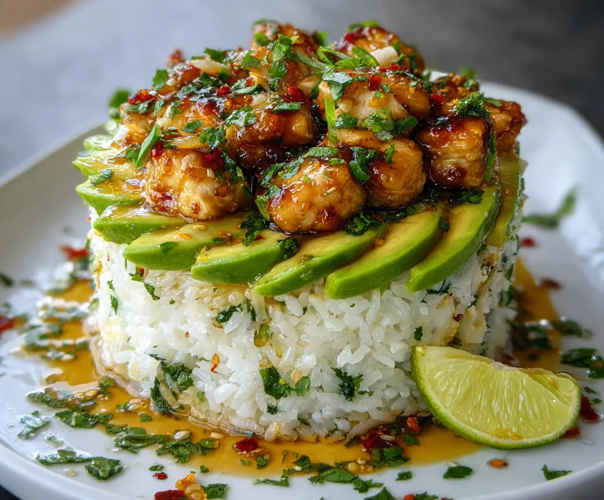 Honey Lime Chicken and Avocado Rice Stack served on a plate with fresh ingredients.