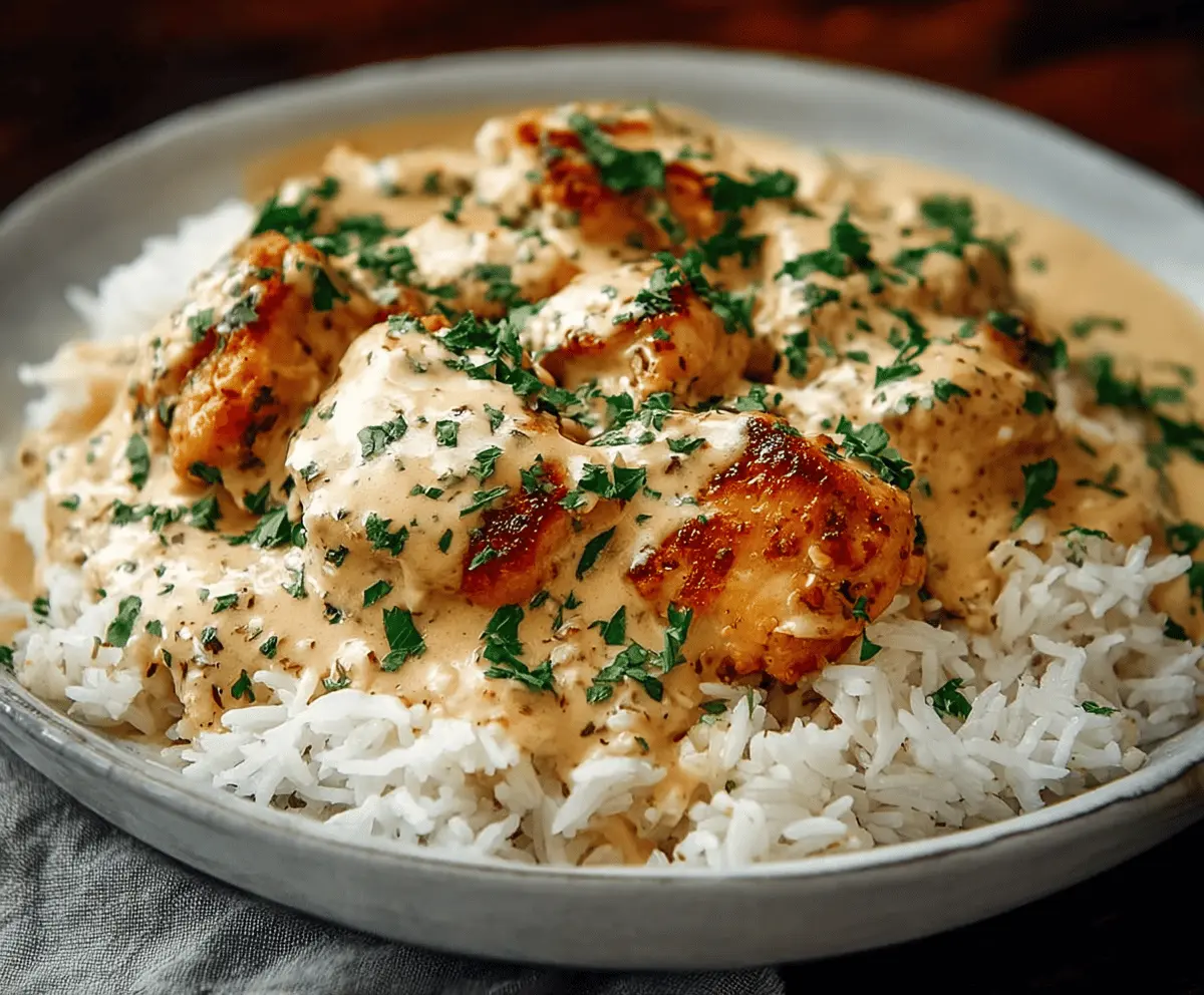 Delicious creamy smothered chicken served over fluffy rice, perfect for a hearty meal.