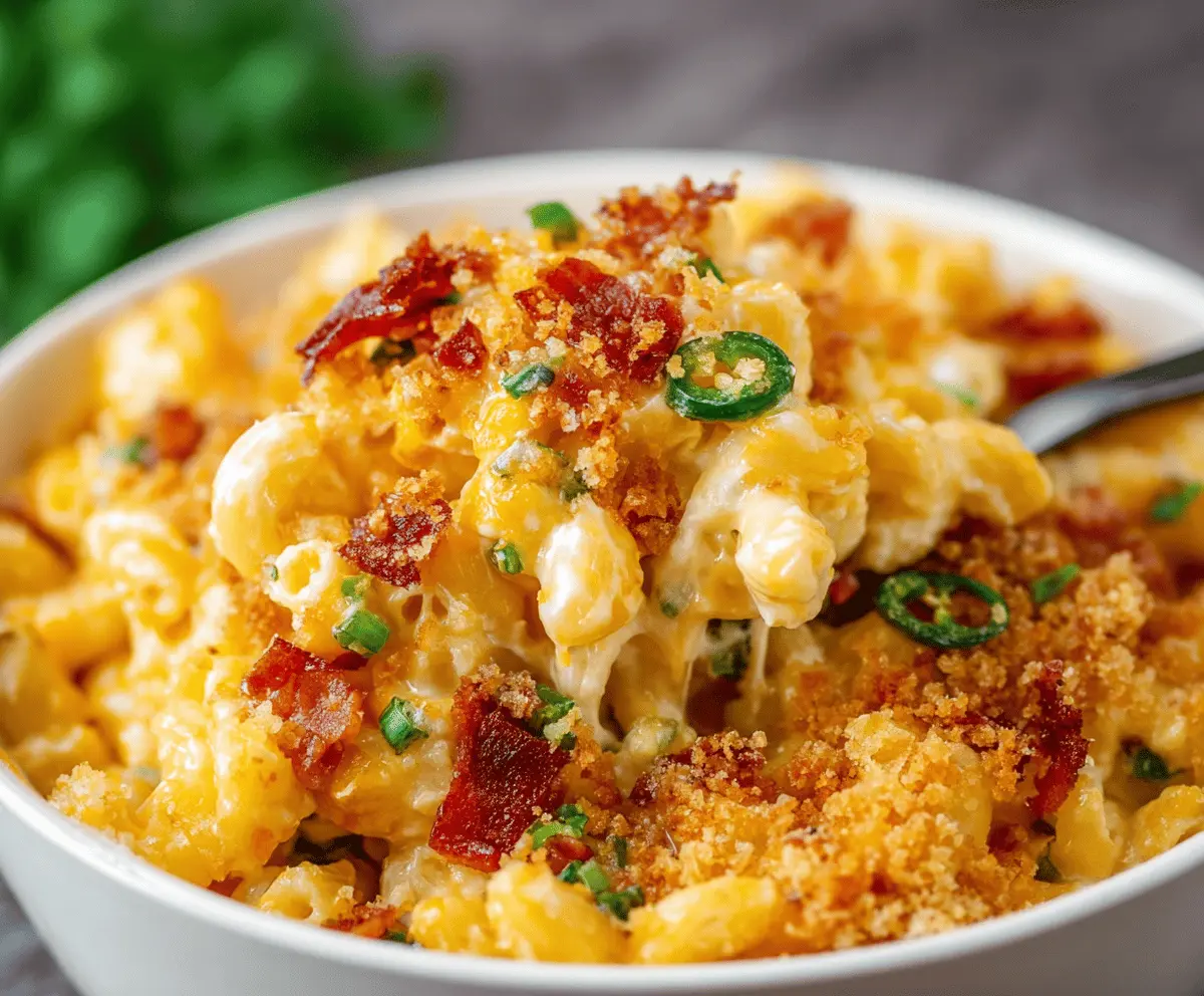 Creamy Jalapeño Popper Macaroni and Cheese with melted cheese and spicy jalapeños