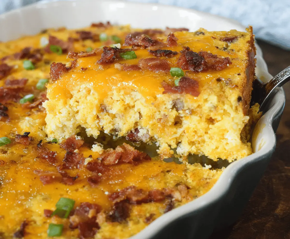 Delicious loaded cornbread casserole with melted cheese, bacon, and jalapeños served in a baking dish.