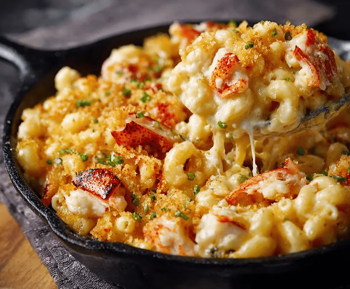 Creamy lobster mac and cheese in a bowl with melted cheese and tender lobster pieces.