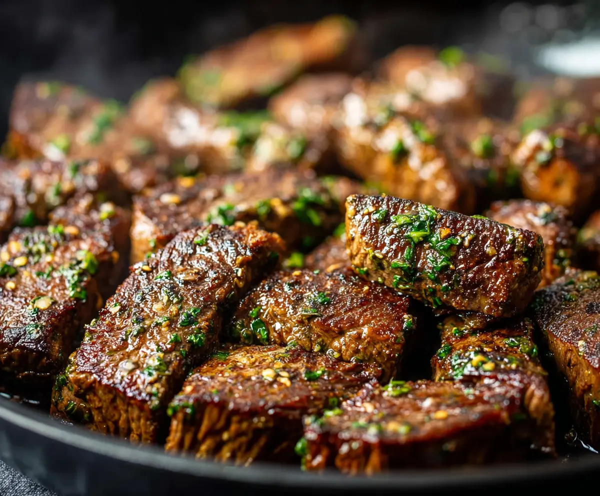 Juicy garlic butter steak served on a plate garnished with herbs, perfect for a delicious dinner.