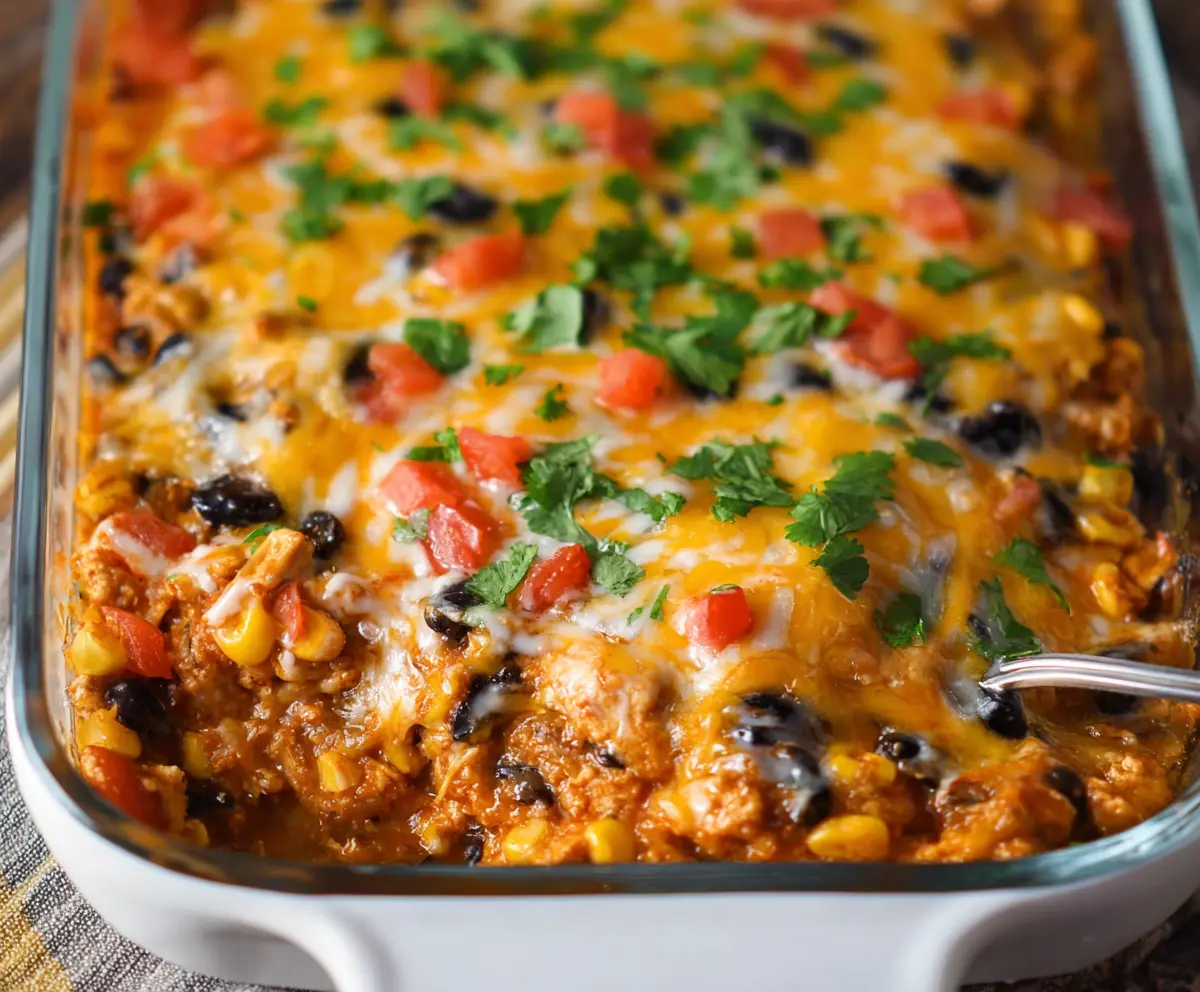 Delicious Mexican Chicken Casserole with melted cheese and flavorful spices, plated and ready to serve.