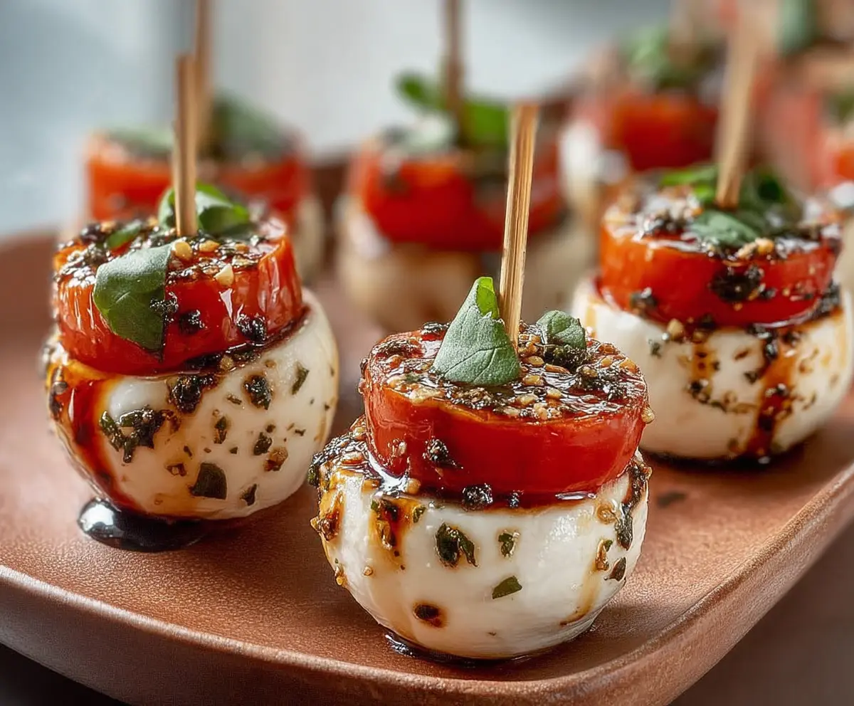 Mini Caprese Bites featuring cherry tomatoes, fresh mozzarella, and basil on toothpicks, perfect for an easy appetizer.