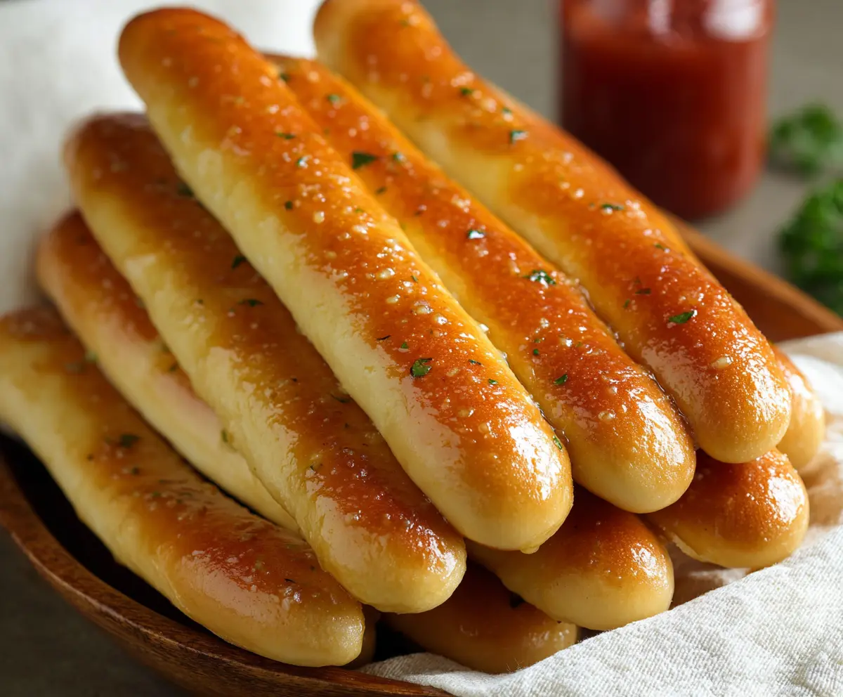 Delicious Golden Olive Garden Breadsticks served with dipping sauces on a rustic table.
