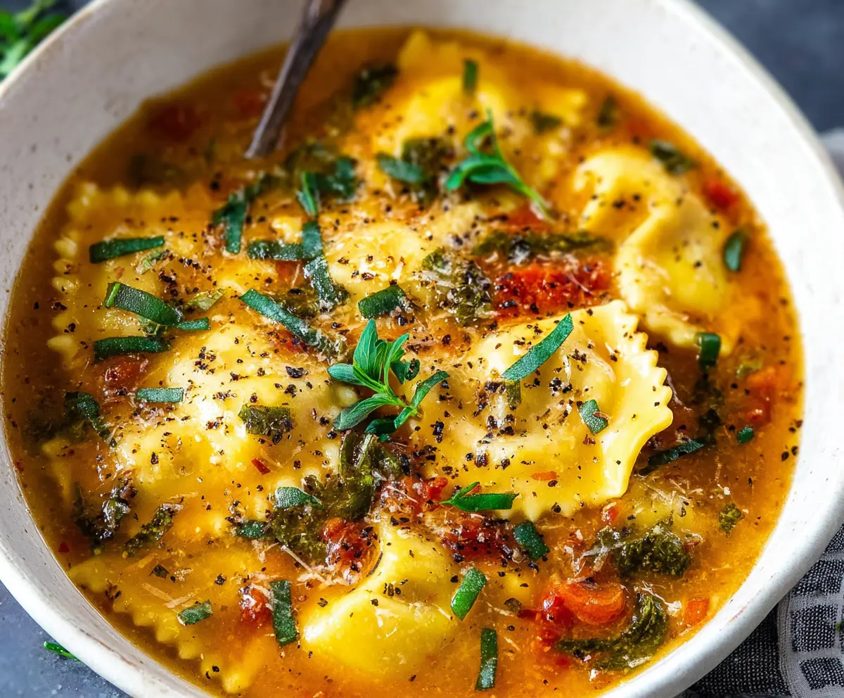 Delicious one pot ravioli soup with fresh ingredients and herbs ready to serve.